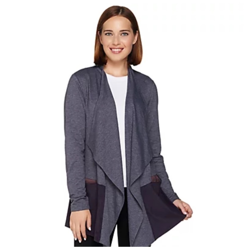 LOGO Lounge Lori Goldstein woman's open front cardigan Large blue draped casual